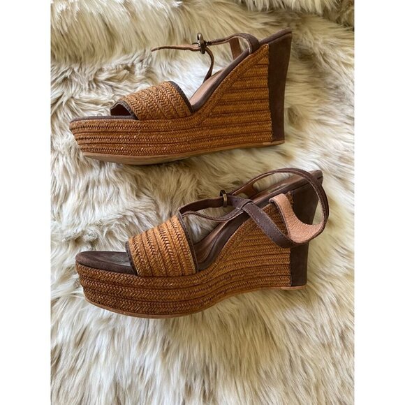 UGG Women's Leather & Woven Straw Wedge Espadrille Sandals Brown Size 7 - Picture 6 of 11